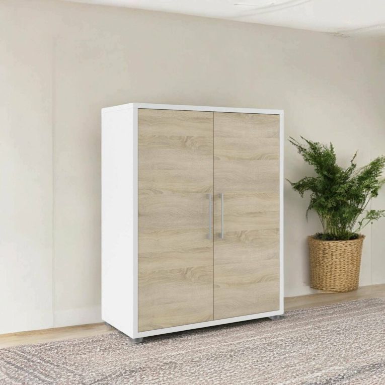 Credenza Leocadie, Buffet da soggiorno, Madia da salotto, Dispensa da cucina, 89x40 h113 cm, Bianco e Quercia