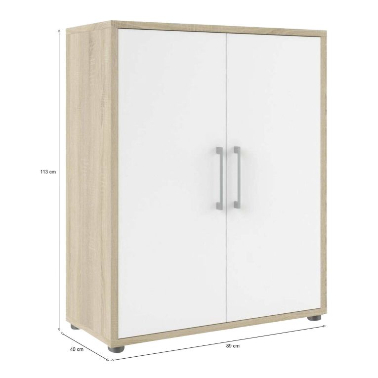 Credenza Leocadie, Buffet da soggiorno, Madia da salotto, Dispensa da cucina, 89x40 h113 cm, Quercia e Bianco