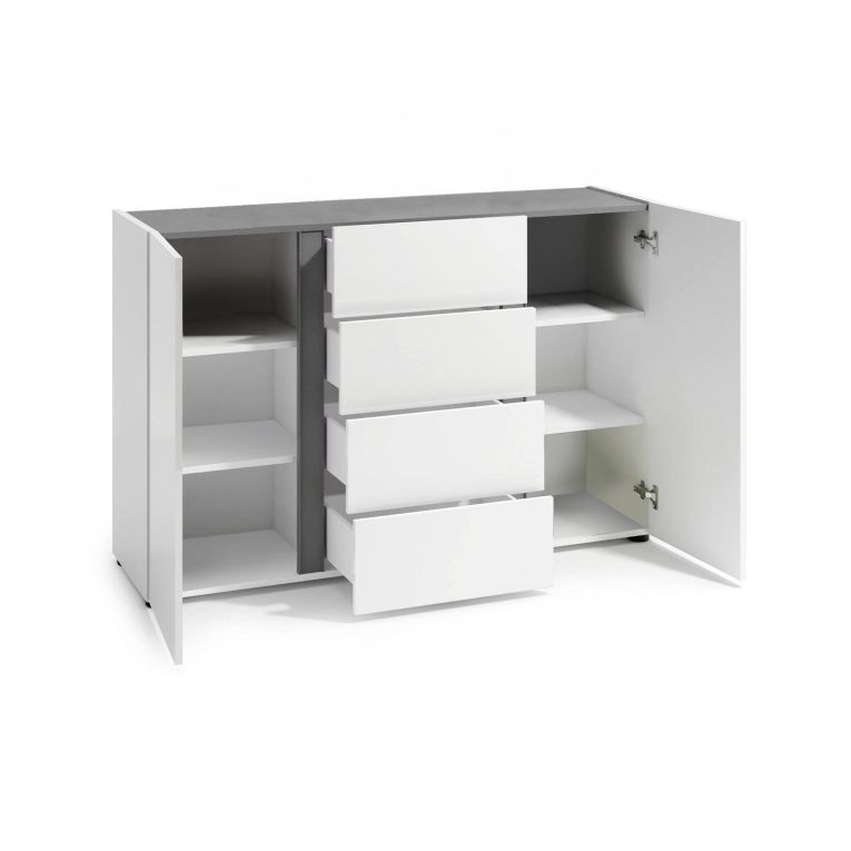 Credenza Libreville, Buffet da soggiorno, Madia da salotto, Dispensa da cucina, Made in Italy, 140x38h92 cm, Bianco lucido e Antracite