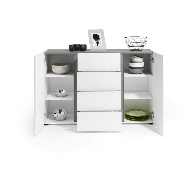 Credenza Libreville, Buffet da soggiorno, Madia da salotto, Dispensa da cucina, Made in Italy, 140x38h92 cm, Bianco lucido e Antracite