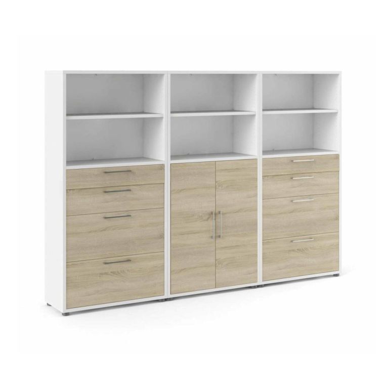 Credenza Lilas, Buffet da soggiorno, Madia da salotto, Dispensa da cucina, 267x40 h186 cm, Bianco e Quercia