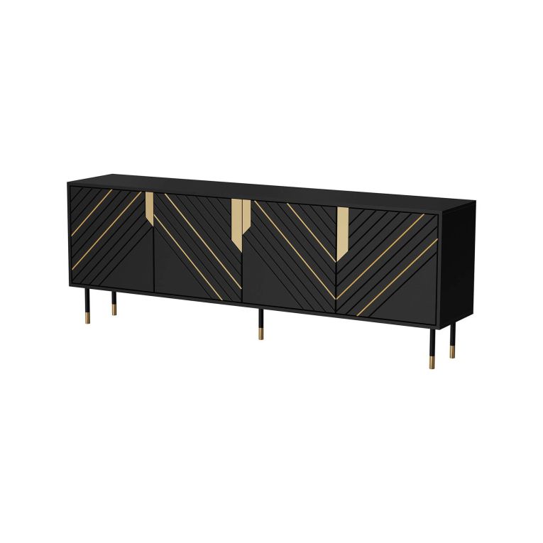 Credenza Lordelo, Madia da salotto con quattro ante battenti e vani interni, Rialzata da terra, 204x40 h72 cm, Nero e Oro
