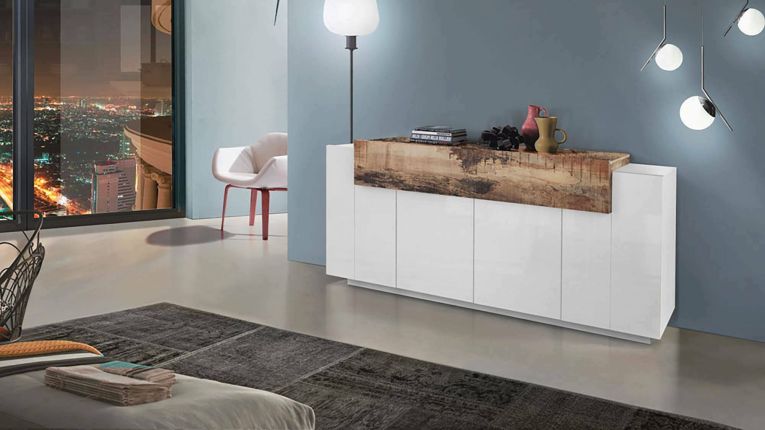 Credenza Loris, Madia da cucina a 4 ante, Buffet da soggiorno, 100% Made in Italy, cm 200x45h86, Bianco lucido e Acero