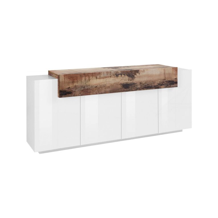 Credenza Loris, Madia da cucina a 4 ante, Buffet da soggiorno, 100% Made in Italy, cm 200x45h86, Bianco lucido e Acero