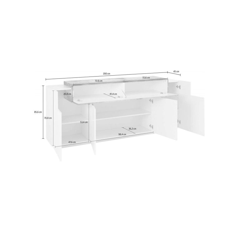 Credenza Loris, Madia da cucina a 4 ante, Buffet da soggiorno, 100% Made in Italy, cm 200x45h86, Bianco lucido e Acero