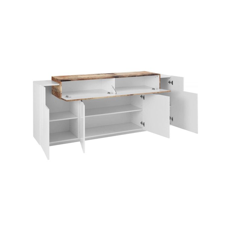 Credenza Loris, Madia da cucina a 4 ante, Buffet da soggiorno, 100% Made in Italy, cm 200x45h86, Bianco lucido e Acero