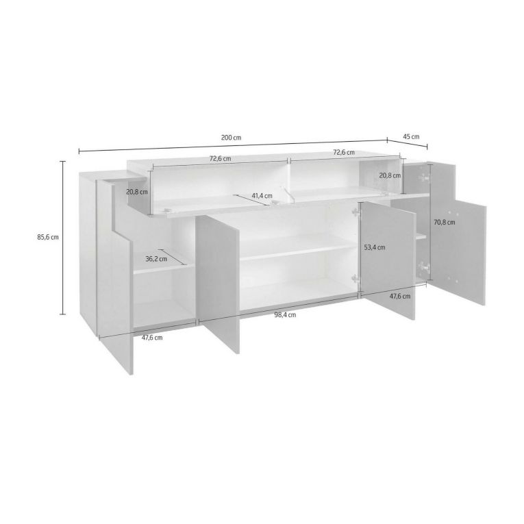 Credenza Loris, Madia da cucina a 4 ante, Buffet da soggiorno, 100% Made in Italy, cm 220x45h86, Antracite e Acero