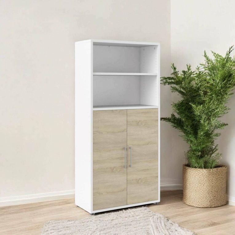 Credenza Louna, Buffet da soggiorno, Madia da salotto, Dispensa da cucina, 89x40 h186 cm, Bianco e Quercia