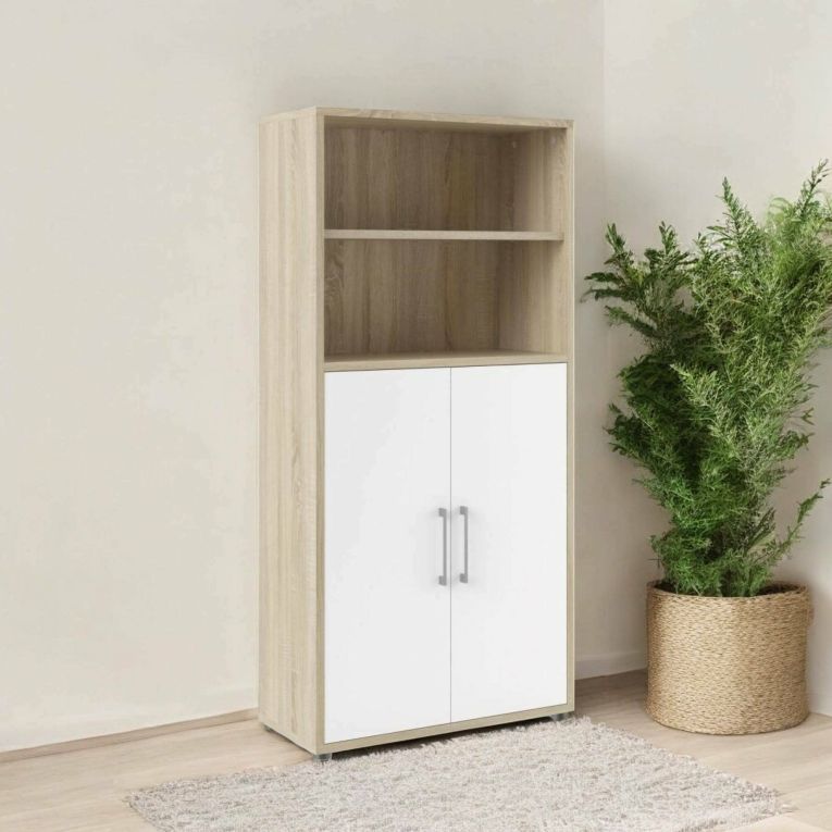 Credenza Louna, Buffet da soggiorno, Madia da salotto, Dispensa da cucina, 89x40 h186 cm, Quercia e Bianco