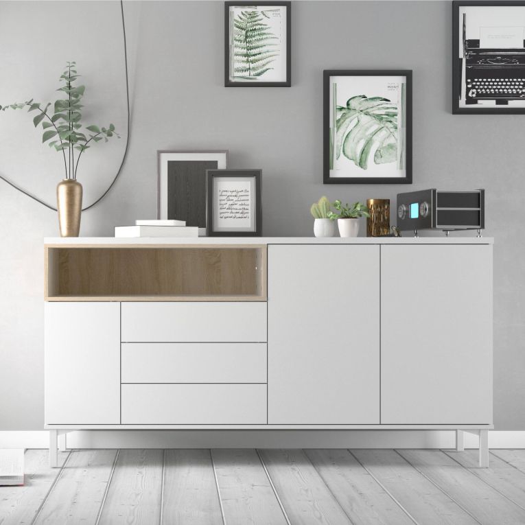 Credenza Madeleine, Buffet da soggiorno, Madia da salotto, Dispensa da cucina, 48x176 h90 cm, Bianco e Quercia