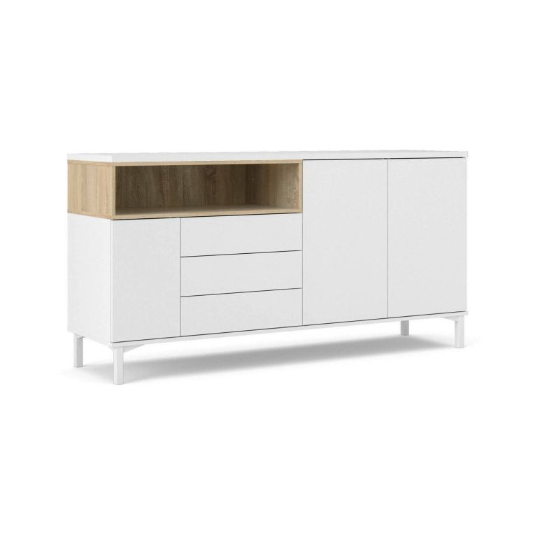 Credenza Madeleine, Buffet da soggiorno, Madia da salotto, Dispensa da cucina, 48x176 h90 cm, Bianco e Quercia