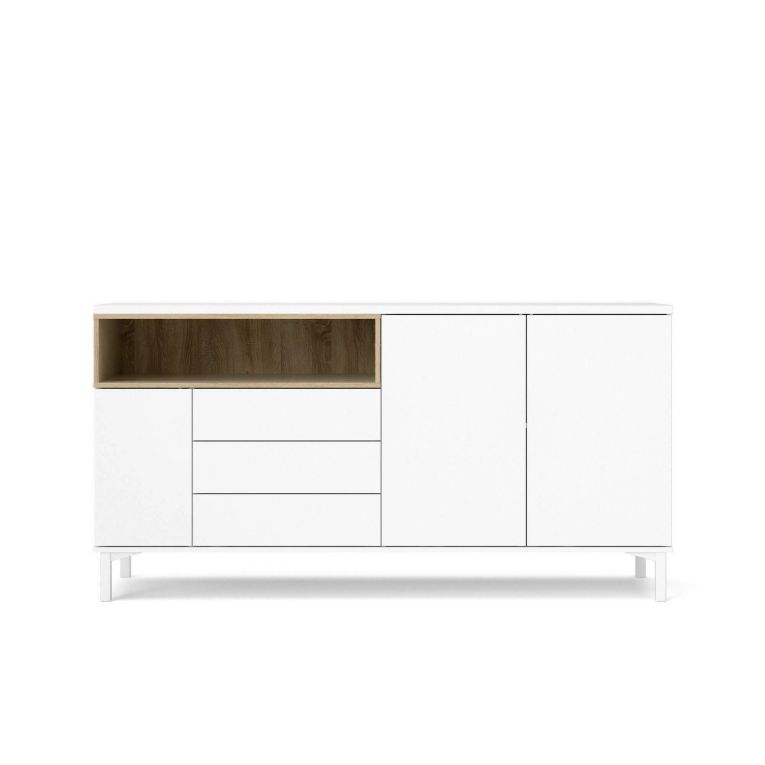 Credenza Madeleine, Buffet da soggiorno, Madia da salotto, Dispensa da cucina, 48x176 h90 cm, Bianco e Quercia