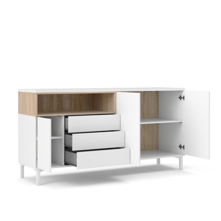 Credenza Madeleine, Buffet da soggiorno, Madia da salotto, Dispensa da cucina, 48x176 h90 cm, Bianco e Quercia