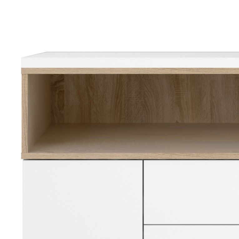Credenza Madeleine, Buffet da soggiorno, Madia da salotto, Dispensa da cucina, 48x176 h90 cm, Bianco e Quercia