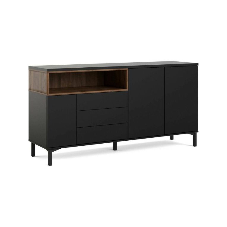 Credenza Madeleine, Buffet da soggiorno, Madia da salotto, Dispensa da cucina, 48x176 h90 cm, Nero e Noce