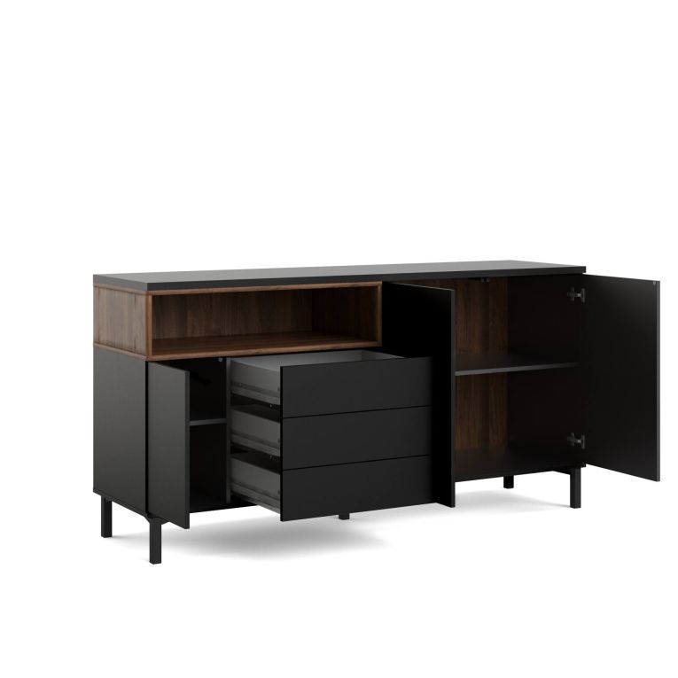 Credenza Madeleine, Buffet da soggiorno, Madia da salotto, Dispensa da cucina, 48x176 h90 cm, Nero e Noce