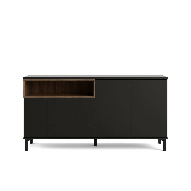 Credenza Madeleine, Buffet da soggiorno, Madia da salotto, Dispensa da cucina, 48x176 h90 cm, Nero e Noce