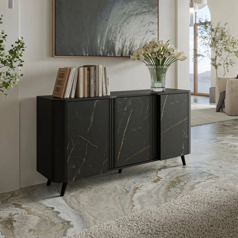 Credenza marmo e nera 150x42x70h cm 3 ante - Loreo