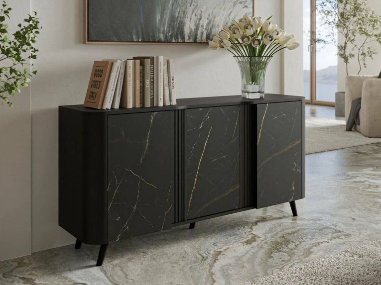 Credenza marmo e nera 150x42x70h cm 3 ante - Loreo