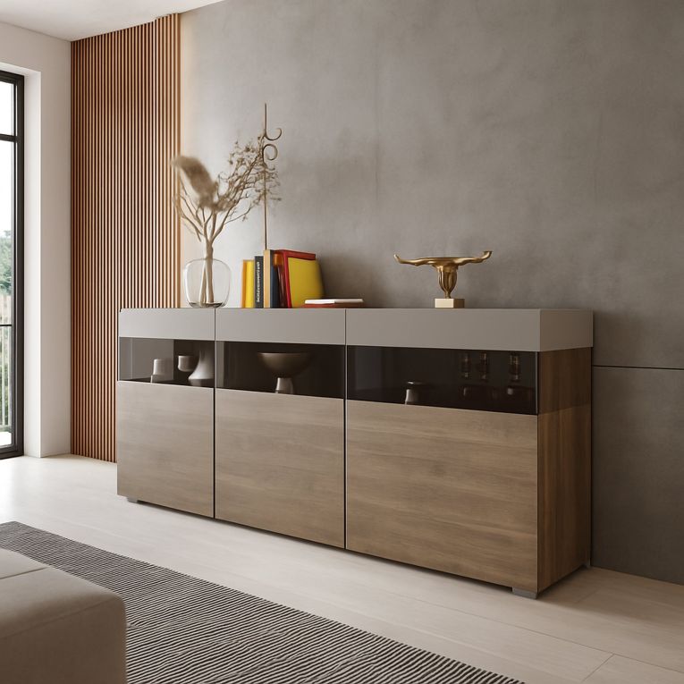 Credenza Marrone Beige 3 Ripiani 3 Ante 180x41x80h cm, 6 Vani - Fanna