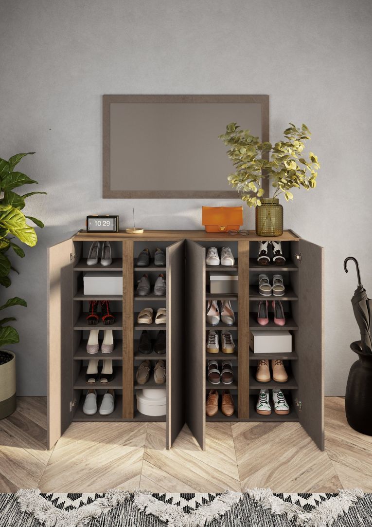 Credenza Marrone Bronzo 10 Ripiani 12 Vani 140x35x111h cm, 4 Ante - Nebbiuno