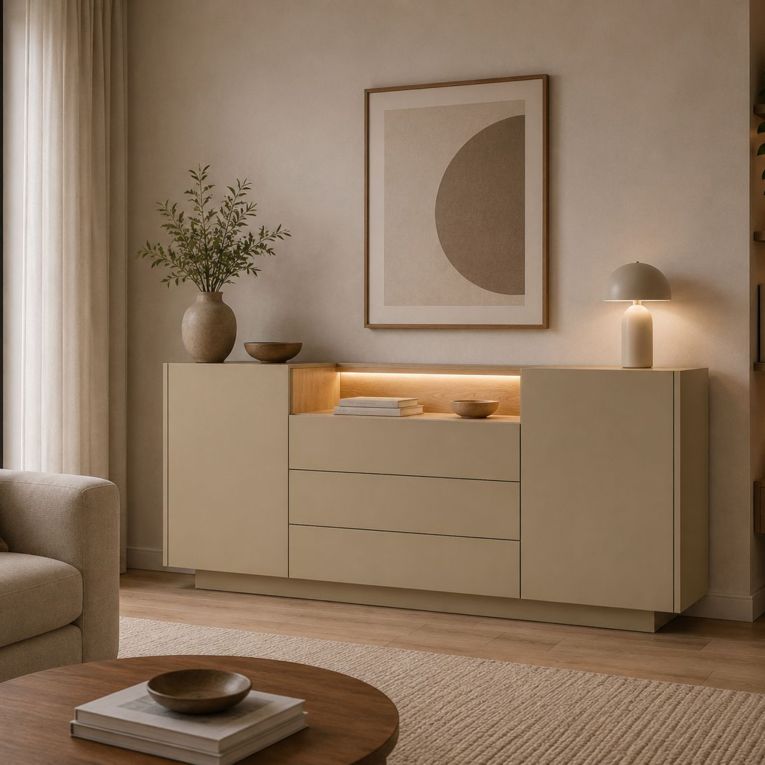 Credenza Marrone Chiaro Marrone Rovere 3 Cassetti 2 Ripiani 176x40x83h cm, Apertura Battente, Scorrevole - Haleli
