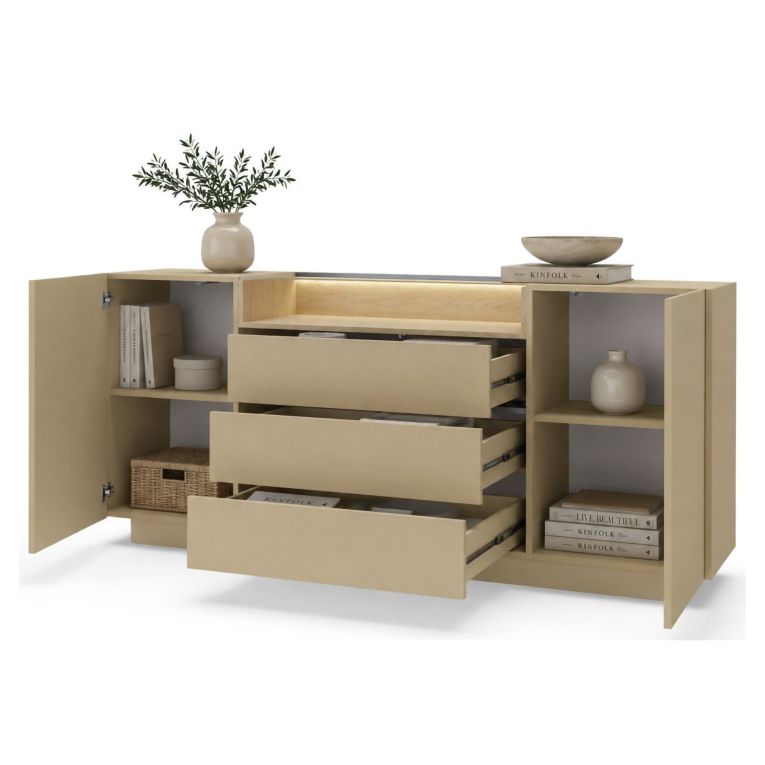 Credenza Marrone Chiaro Marrone Rovere 3 Cassetti 2 Ripiani 176x40x83h cm, Apertura Battente, Scorrevole - Haleli