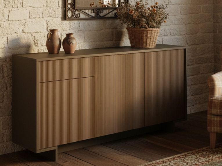 Credenza marrone e legno cannettato 170x42x78h cm 3 ante e 1 cassetto - Aronne