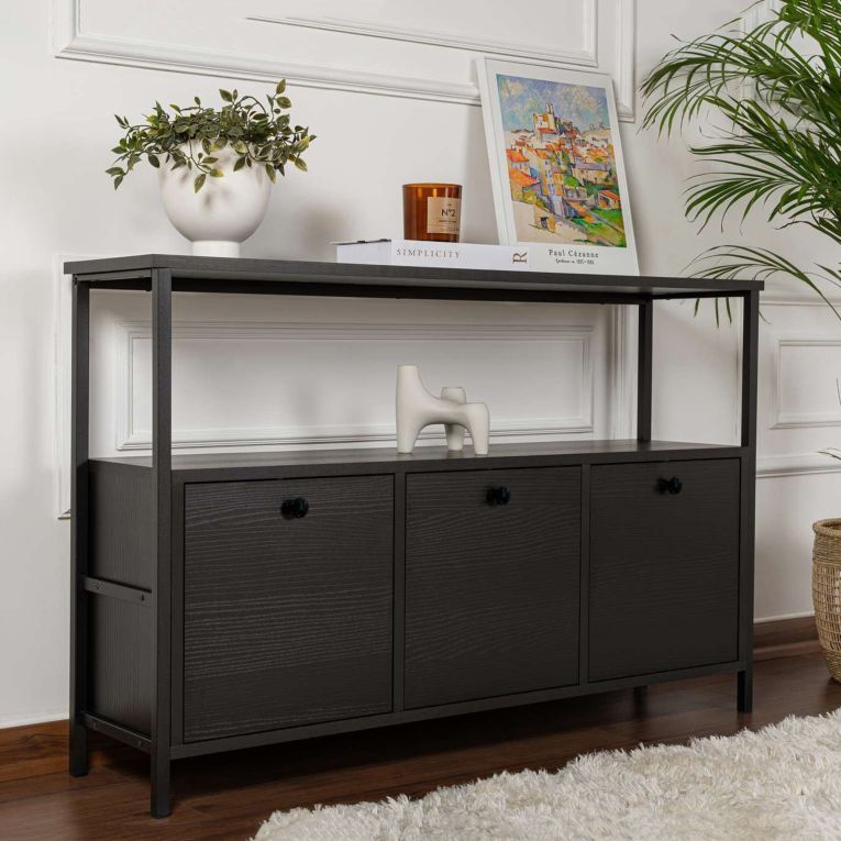 Credenza Marrone Frassinato Nero 2 Ripiani 3 Vani 120x30x77h cm, 3 Ante - Noda