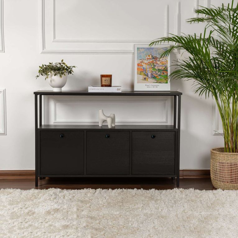Credenza Marrone Frassinato Nero 2 Ripiani 3 Vani 120x30x77h cm, 3 Ante - Noda