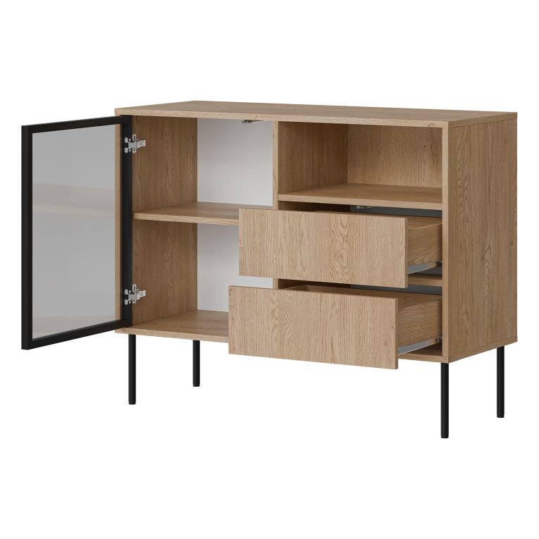 Credenza Marrone Nero 2 Cassetti 2 Ripiani 100x40x80h cm, Apertura Battente, Scorrevole - Caravino