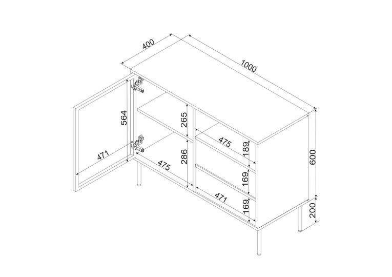 Credenza Marrone Nero 2 Cassetti 2 Ripiani 100x40x80h cm, Apertura Battente, Scorrevole - Caravino