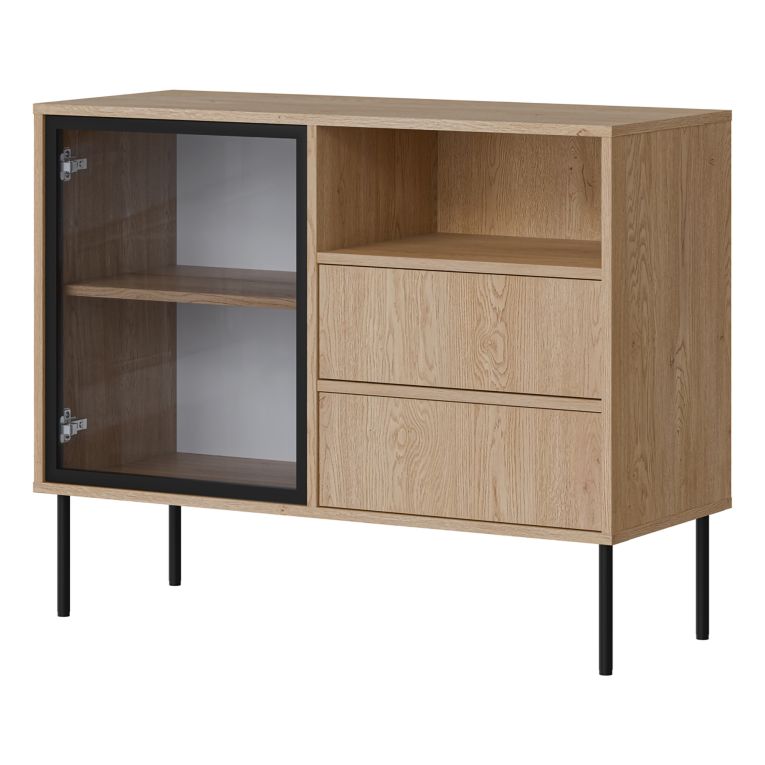 Credenza Marrone Nero 2 Cassetti 2 Ripiani 100x40x80h cm, Apertura Battente, Scorrevole - Caravino