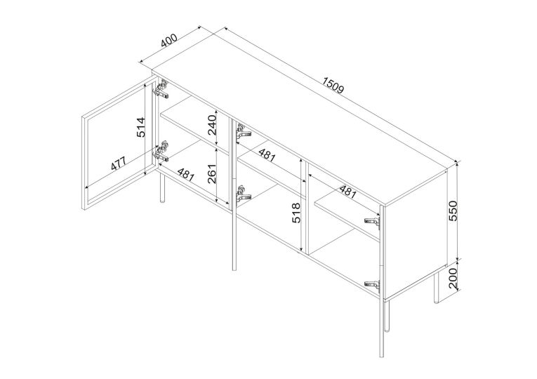 Credenza Marrone Nero 3 Ripiani Apertura Battente 150x40x75h cm, 3 Ante - Conzano