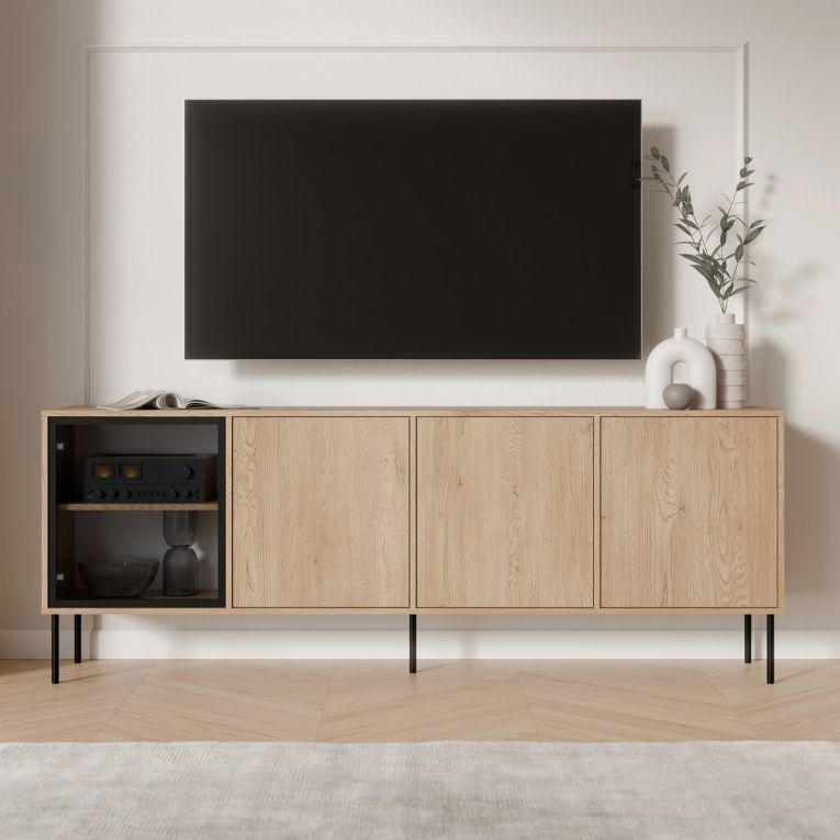 Credenza Marrone Nero 4 Ripiani Apertura Battente 200x40x75h cm, 4 Ante - Pizzo
