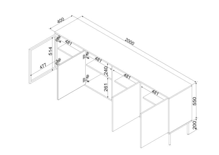 Credenza Marrone Nero 4 Ripiani Apertura Battente 200x40x75h cm, 4 Ante - Pizzo