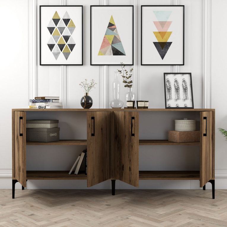 Credenza Marrone Noce 2 Ripiani 4 Ante 180x35x78h cm, 4 Vani - Pollein
