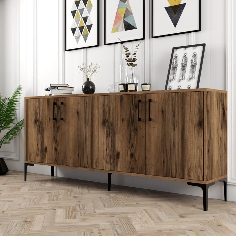 Credenza Marrone Noce 2 Ripiani 4 Ante 180x35x78h cm, 4 Vani - Pollein