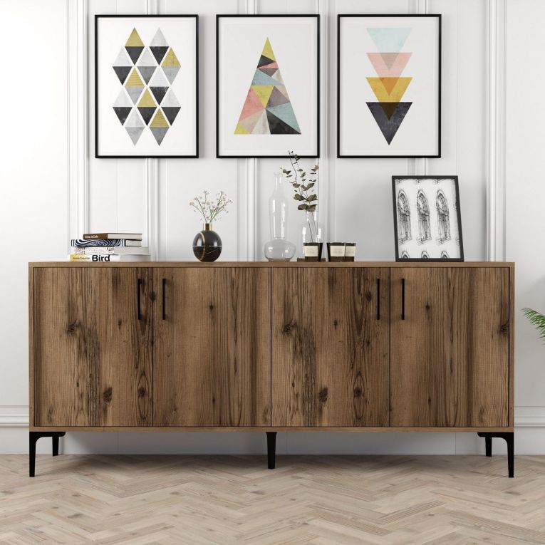 Credenza Marrone Noce 2 Ripiani 4 Ante 180x35x78h cm, 4 Vani - Pollein