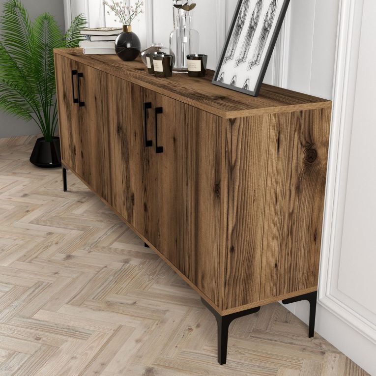 Credenza Marrone Noce 2 Ripiani 4 Ante 180x35x78h cm, 4 Vani - Pollein