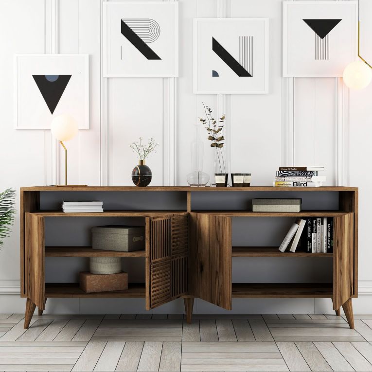 Credenza Marrone Noce 2 Ripiani 4 Ante 180x35x78h cm, 6 Vani - Falzes