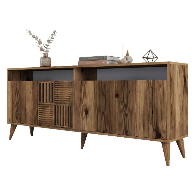 Credenza Marrone Noce 2 Ripiani 4 Ante 180x35x78h cm, 6 Vani - Falzes