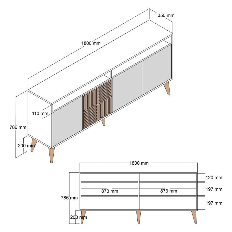 Credenza Marrone Noce 2 Ripiani 4 Ante 180x35x78h cm, 6 Vani - Falzes