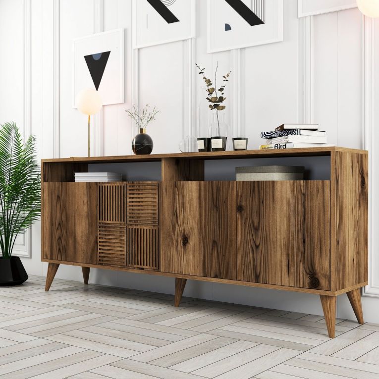 Credenza Marrone Noce 2 Ripiani 4 Ante 180x35x78h cm, 6 Vani - Falzes