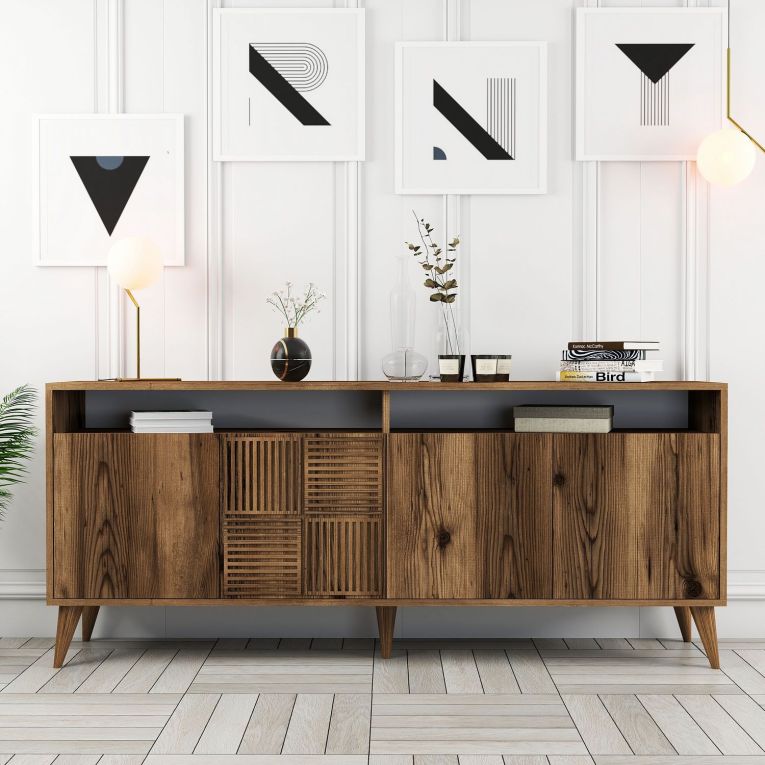 Credenza Marrone Noce 2 Ripiani 4 Ante 180x35x78h cm, 6 Vani - Falzes