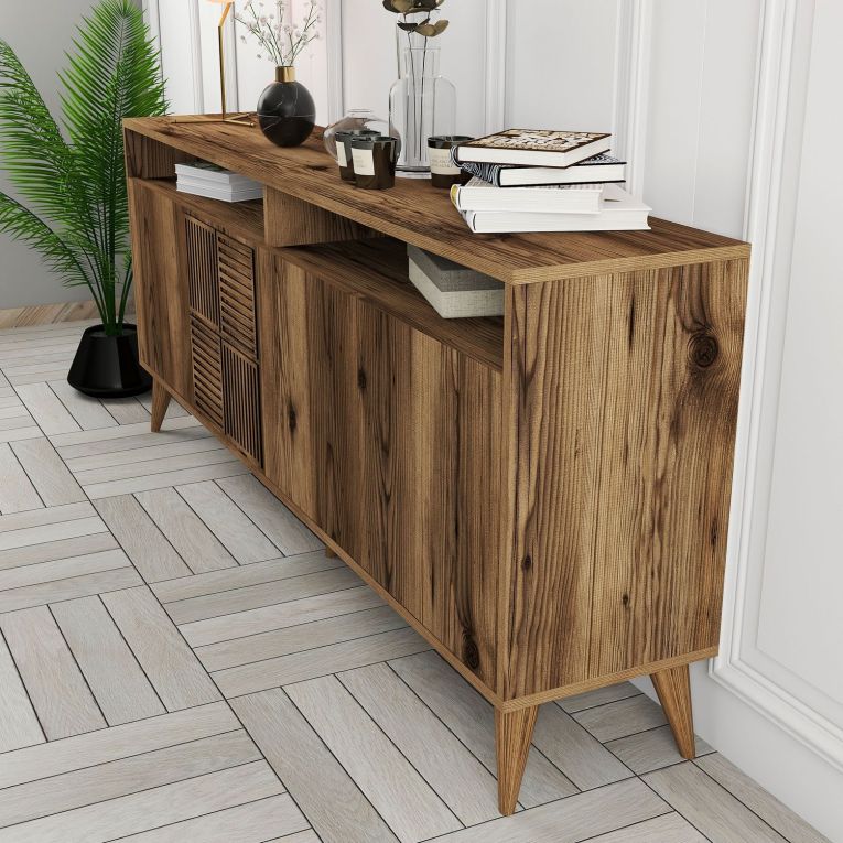 Credenza Marrone Noce 2 Ripiani 4 Ante 180x35x78h cm, 6 Vani - Falzes