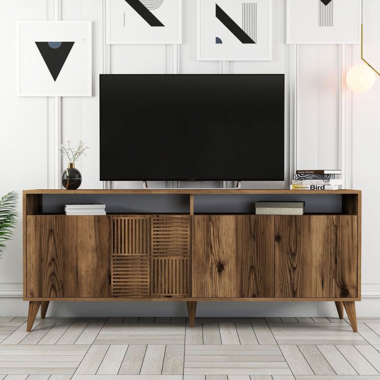 Credenza Marrone Noce 2 Ripiani 4 Ante 180x35x78h cm, 6 Vani - Falzes
