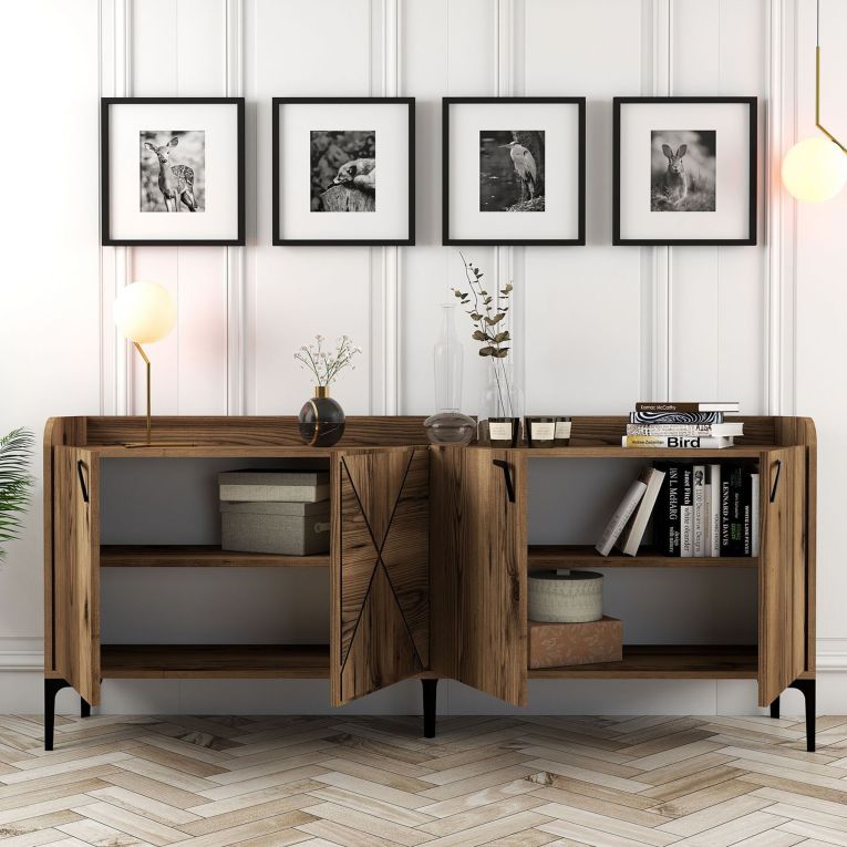 Credenza Marrone Noce 2 Ripiani Apertura Battente 180x35x78h cm, 4 Ante - Elini