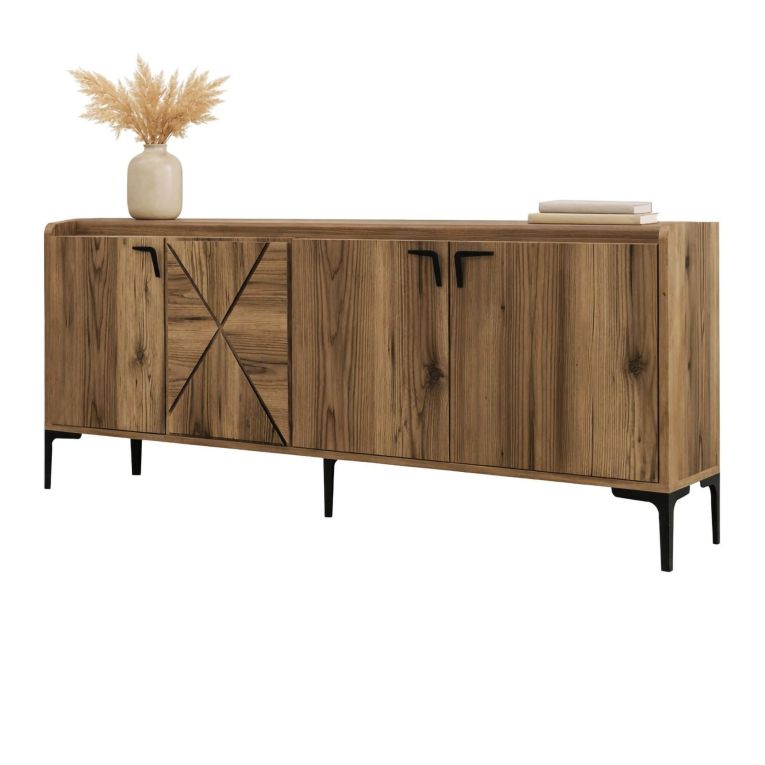Credenza Marrone Noce 2 Ripiani Apertura Battente 180x35x78h cm, 4 Ante - Elini