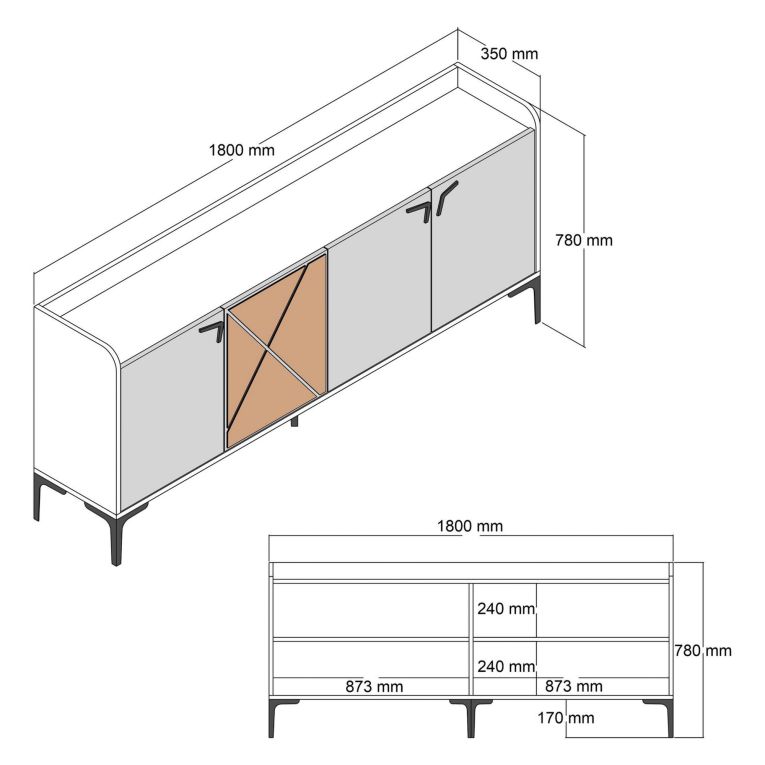 Credenza Marrone Noce 2 Ripiani Apertura Battente 180x35x78h cm, 4 Ante - Elini